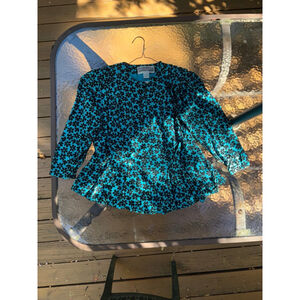 Pat Argenti pure silk ruffled blouse floral loose blue/black size L